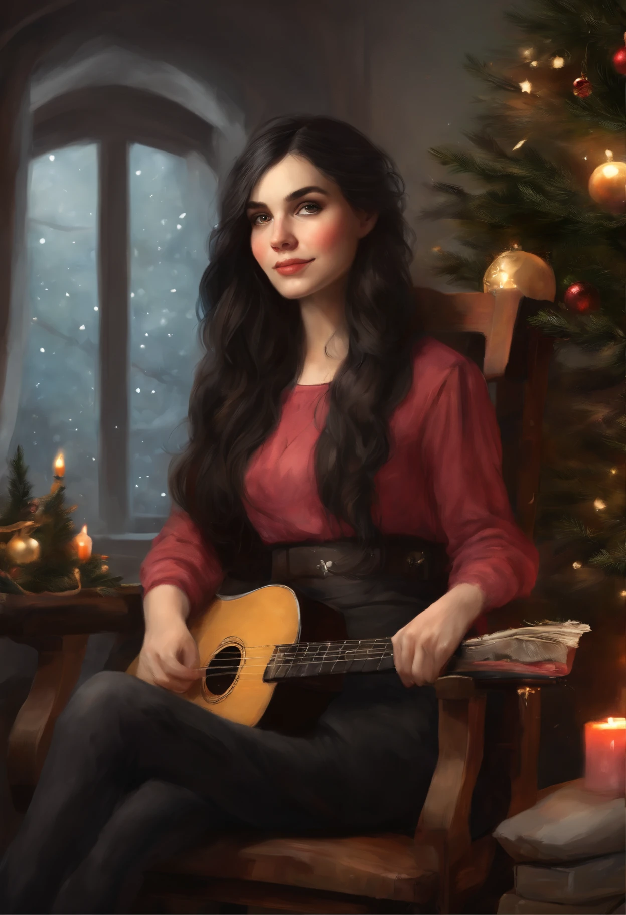 真实感, a painting, Fantastic tale, Christmas style, John Tolkien style, Small painting by Jean-Baptiste Monge , in the art style of bowater, 8K Artgerm Bokeh, realistic art style,Painting of a rocker girl, sitting in front of the Christmas tree, Portrait of a rocker girl, Soft facial features, Rocker Girl, sitting in a chair with flowing black hair , straight hair , near the Christmas tree, Soft facial features, Wearing tight lacings, Wearing a Tolstoyan, With light makeup, dark pink lips, lip shape"pearlescent" ,"curved eyebrows in the shape of Engriberts, Cyan eyes, heavy-lidded eye shape, Human Hand, Very clear without flaws with five fingers, black long straight hair ,, in a sweatshirt, in black leggings,mischievous character, fireplace, Christmas tree, Gifts, ,artwork in the style of guweiz, detailed character portrait, extremely detailed artgerm, artgerm and atey ghailan, charlie bowater art style, Jean-Baptiste Monge, anthropomorphic --ar 2:3 --testp -optimistic; straight hair