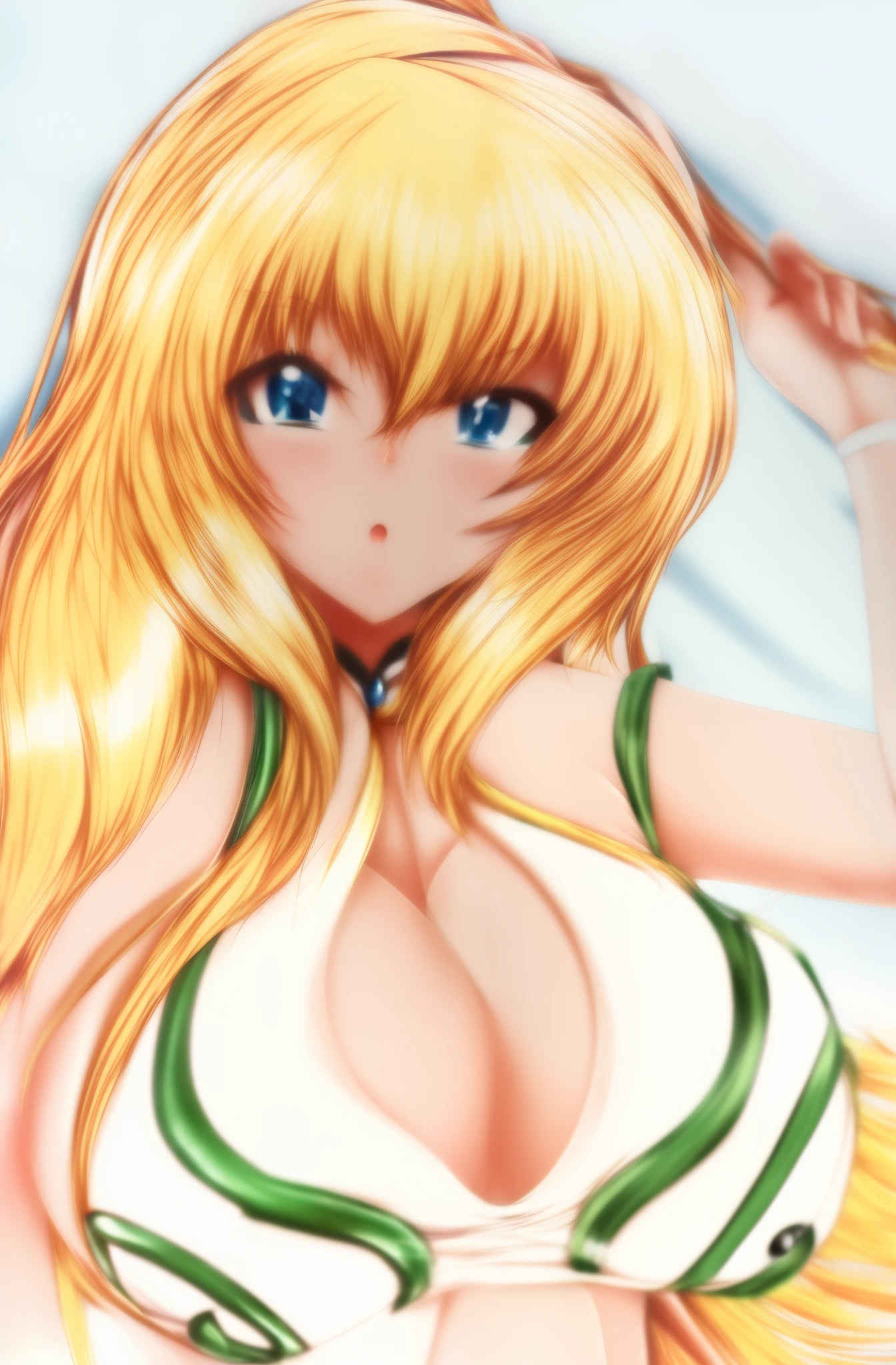 Anime girl with blonde hair and blue eyes in white dress, anime goddess, goddess of summer, aqua from konosuba, Negao, Ahegao, blonde anime girl with long hair, Rei Hiroe, Blonde goddess, digital anime art!!, Lori, zerochan art, Rin, advanced digital anime art」, portrait knights of zodiac girl、on the beds、masterpeace、digital anime art!!, painted in anime painter studio, made with anime painter studio, blonde anime girl with long hair, soft anime illustration, portrait knights of zodiac girl, Ecchi anime style
