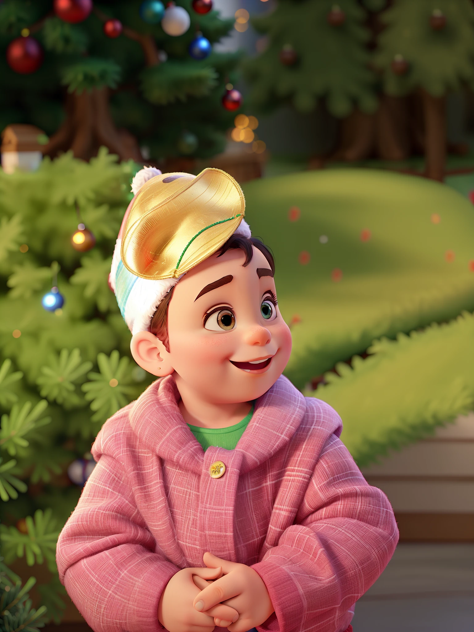 Disney Pixar style image with a baby wearing a Santa hat in front of a Christmas tree, la noche, With a tree in the background and flashing lights., Temporada de vacaciones, Happy baby