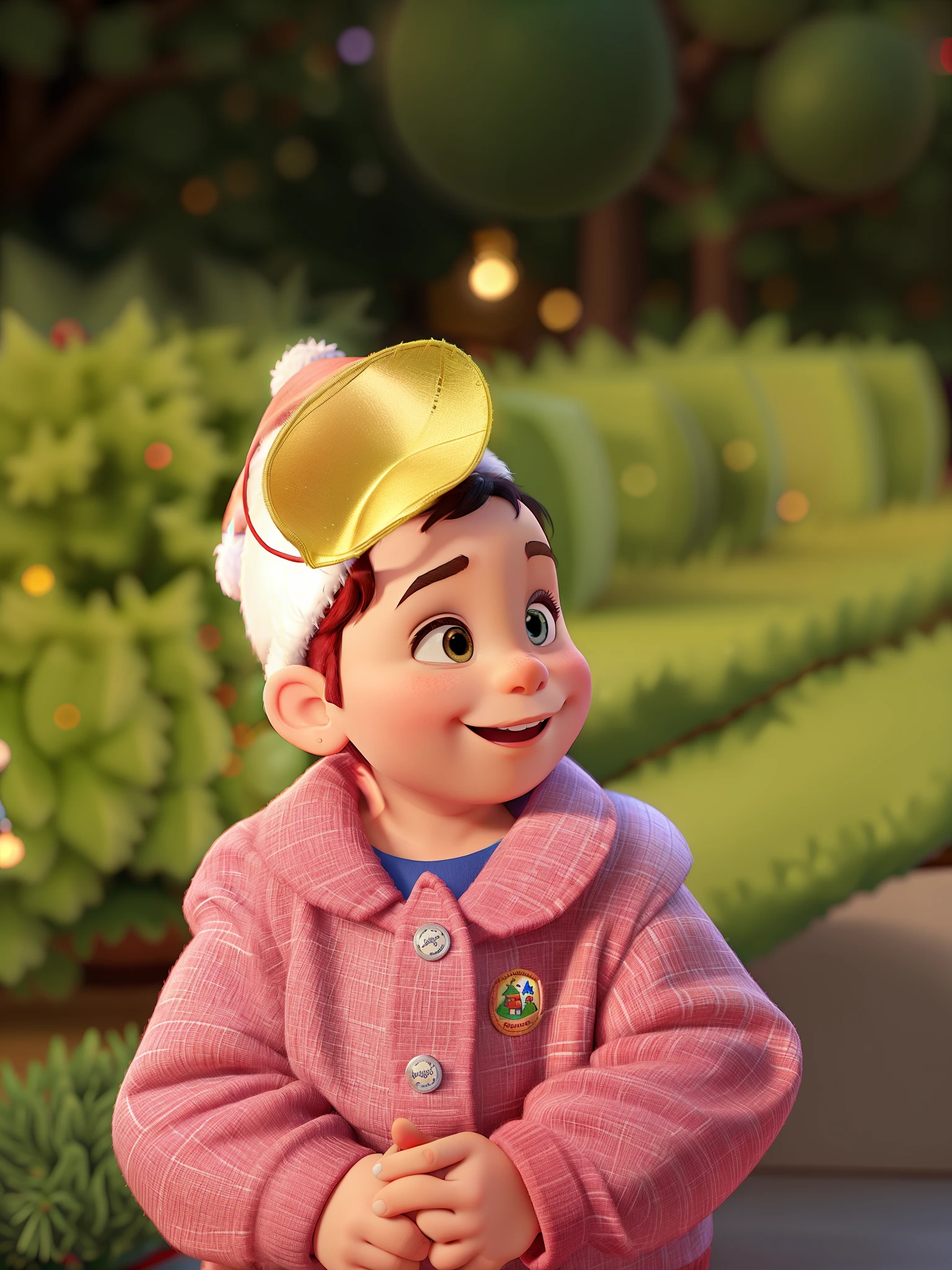Disney Pixar style image with a baby wearing a Santa hat in front of a Christmas tree, la noche, With a tree in the background and flashing lights., Temporada de vacaciones, Happy baby