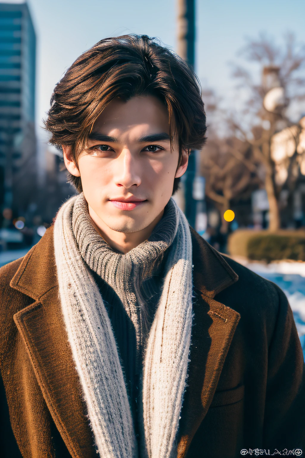 Photorealsitic, 8K full body portrait, a handsome, 20-year-old man, A charming expression, detailed face details, TOKYOcty, Winters, Shibuya in the background