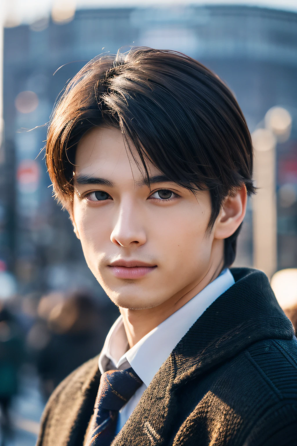 Photorealsitic, 8K full body portrait, a handsome, 20-year-old man, A charming expression, detailed face details, TOKYOcty, Winters, Shibuya in the background
