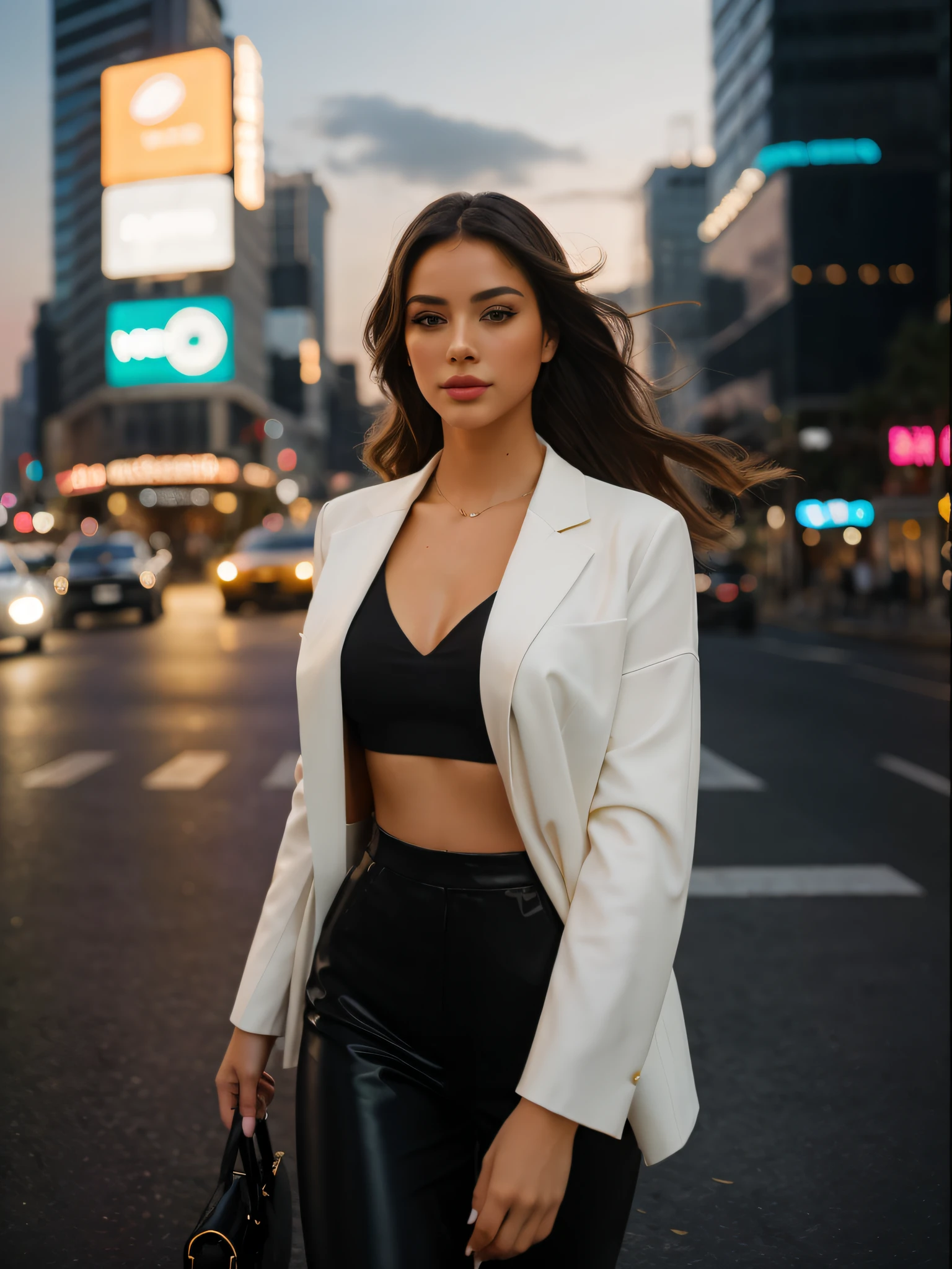 Uma menina andando na cidade, acompanhado pelos sons agitados de carros e passos. Beautiful eyes and detailed lips that give charm to your face. She  dressed in fashionable clothes, radiating confidence and elegance. The cityscape  filled with tall skyscrapers, vibrant neon lights, E ruas movimentadas. The air  filled with a mix of excitement and  energy. The girl walks with a purpose, her long eyelashes fluttering in the wind. The city  bathed in a warm glow of the sunset, casting a magical golden light over everything around. The art  created in a realistic style with ultra-detailed and vivid colors. The composition captures the dynamic atmosphere of the city, with a sharp focus on the girl as the central figure. Lighting emphasizes the contrast between light and shadow, adding depth to the scene. The overall image quality  of the best quality, with high resolution and exquisite attention to detail.
