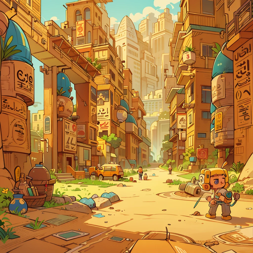 cartoony, stylized, egypt interior, bright color, sunny day, multiple of desert, sand, side scrolling perspective