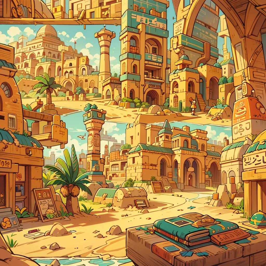 cartoony, stylized, egypt interior, bright color, sunny day, multiple of desert, sand, side scrolling perspective