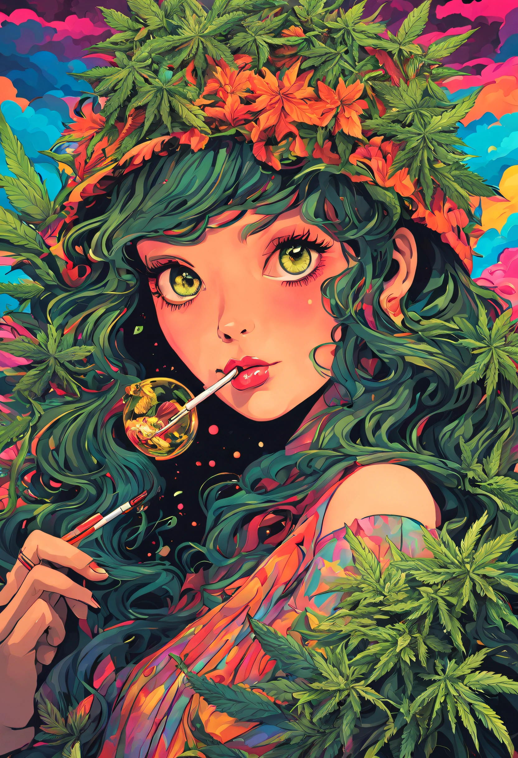 cannabis garden girl,Beautiful detailed eyes,Beautiful detailed lips,extremely detailed eye and face,long eyelashes,Illustration,Ultra-detailed,hight resolution,Photorealistic:1.37,Vivid colors,Studio Lighting,Cannabis fields,Green grass,Blue sky,cityscapebackground,Commercial use centered around girls smoking THC joints, psychedelic colors, quirky pattern, vibrant and surreal, cannabis culture, relax vibe, a mind-changing experience, billowing smoke, hazy atmospheres, Vibrant colors, shine and pulsate, What a sense of luck, cosmic energy