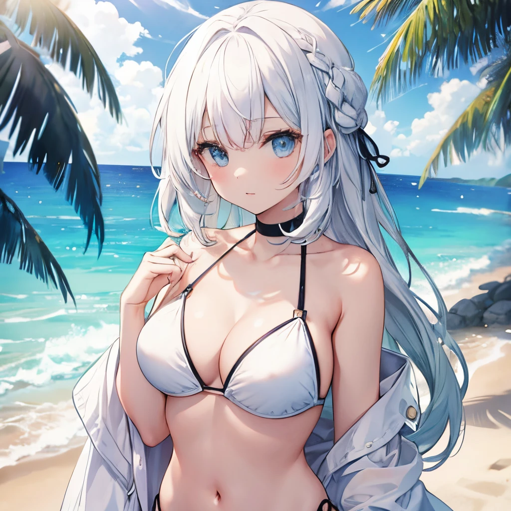 A girl  wearing a bikini，white color hair