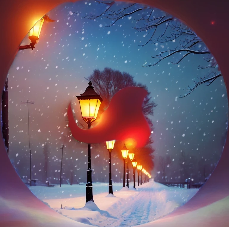 A small snow shower,impressionistic painting,soft falling snowflakes,cozy winter scene,(best quality,4k,8k,highres,masterpiece:1.2),glistening snow-covered ground,warm glow of street lamps,frosted tree branches,quietly falling snow,subtle shades of blue and white,subdued lighting,serene winter atmosphere,winter beauty,peaceful and calm ambiance,crisp winter air,