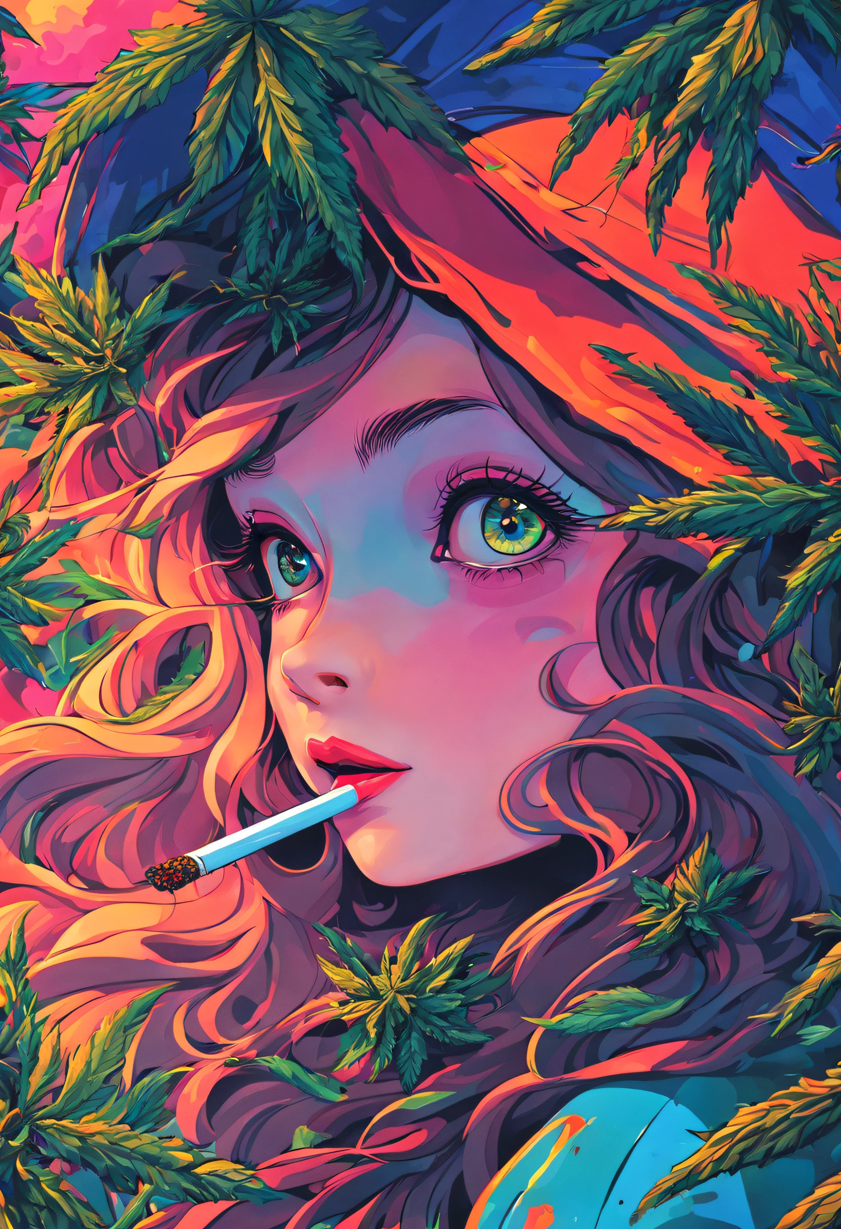 cannabis garden girl,Beautiful detailed eyes,Beautiful detailed lips,extremely detailed eye and face,long eyelashes,Illustration,Ultra-detailed,hight resolution,Photorealistic:1.37,Vivid colors,Studio Lighting,Cannabis fields,Green grass,Blue sky,cityscapebackground,Commercial use centered around girls smoking THC joints, psychedelic colors, quirky pattern, vibrant and surreal, cannabis culture, relax vibe, a mind-changing experience, billowing smoke, hazy atmospheres, Vibrant colors, shine and pulsate, What a sense of luck, cosmic energy