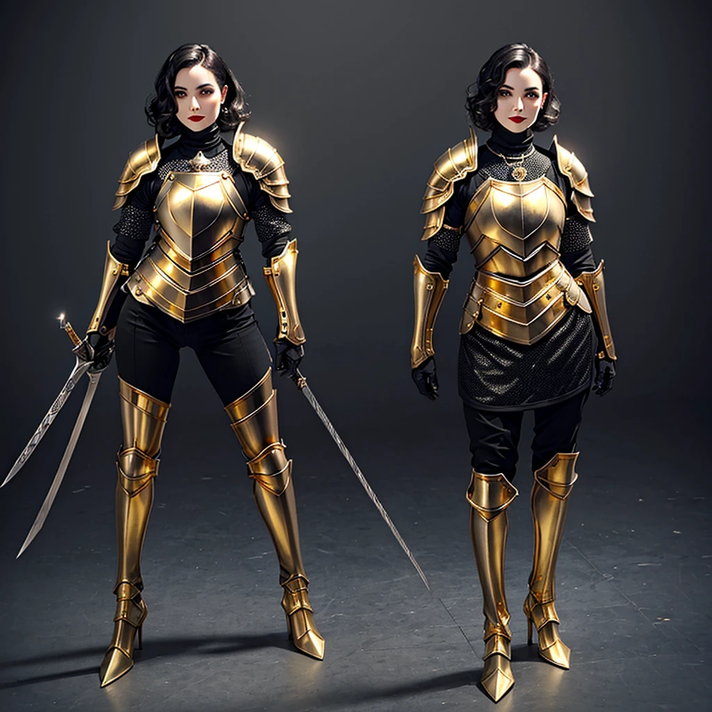1girl, female, turtleneck, ((armor, knight, gold armor)), smirking, black curly hair, short hair, standing, chestpiece, black flower, gothic, makeup, red lipstick, pale grey skin, chainmail, full body, runway pose