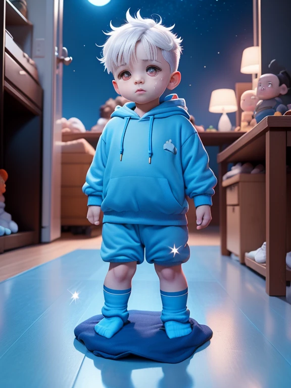 1 chubby  boys with White hair and shiny orange eyes and barefoot wearing a hoodie, and oversized sweatpants stand on a floor, young, boy, child,l, toddsparklefalling from sky, night, dark, soft light, (sweatpants:1.4), (Boy:1.4), (Shota:1.4), (Young:1.4), (blue socks:1.6), (Male:1.4)