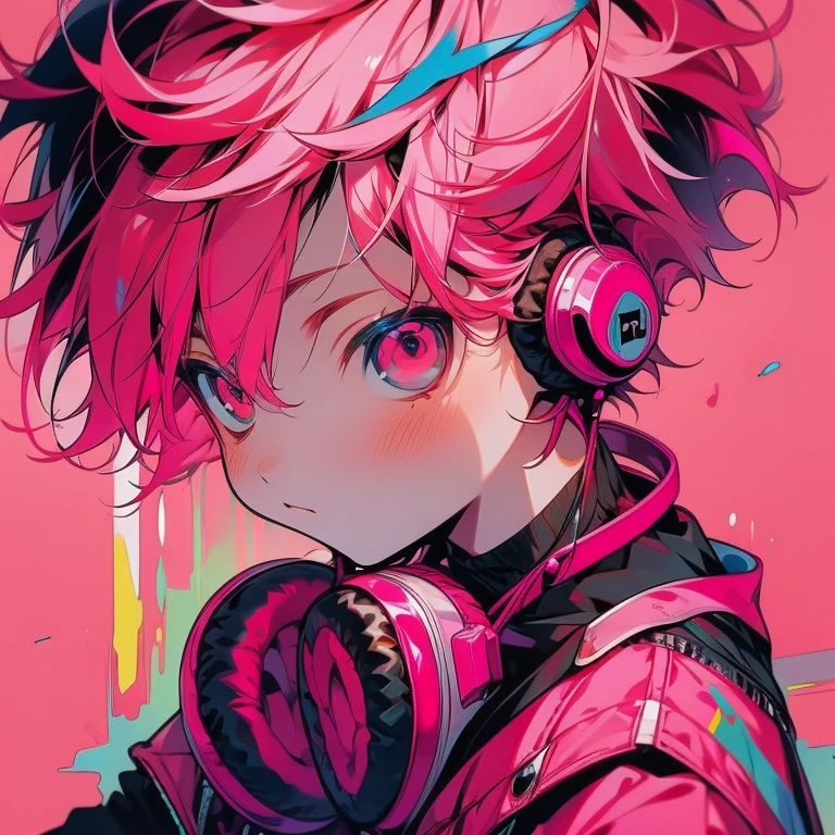 (Two-block hair), (vivid pink hair), (head phone), (male character), (red eyes), (youth), (a cool)