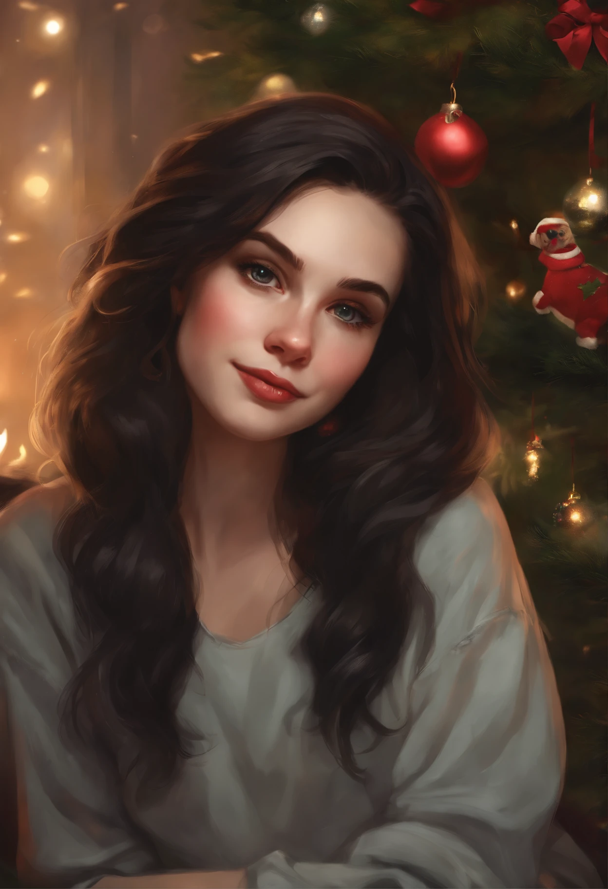真实感, a painting, Fantastic tale, Christmas style, John Tolkien style, Small painting by Jean-Baptiste Monge ,  in the art style of bowater, 8K Artgerm Bokeh, realistic art style,Painting of a rocker girl, sitting in front of the Christmas tree,  Portrait of a rocker girl,   Soft facial features, Rocker Girl, sitting in a chair with flowing black hair ,  Straight hair , near the Christmas tree, Soft facial features, Wearing tight laces,  Wear a sweatshirt, With light makeup,  dark pink lips,  lip shape"pearlescent" ,"curved eyebrows in the shape of Engriberts, Cyan eyes,  heavy-lidded eye shape,  Human Hand, Very clear without flaws with five fingers, Black long Straight hair, in a sweatshirt, in black leggings,mischievous character, fireplace, Christmas tree, Gifts, ,artwork in the style of guweiz, detailed character portrait, extremely detailed artgerm, artgerm and atey ghailan, charlie bowater art style, Jean-Baptiste Monge, anthropomorphic --ar 2:3 --testp -optimistic;  straight hair