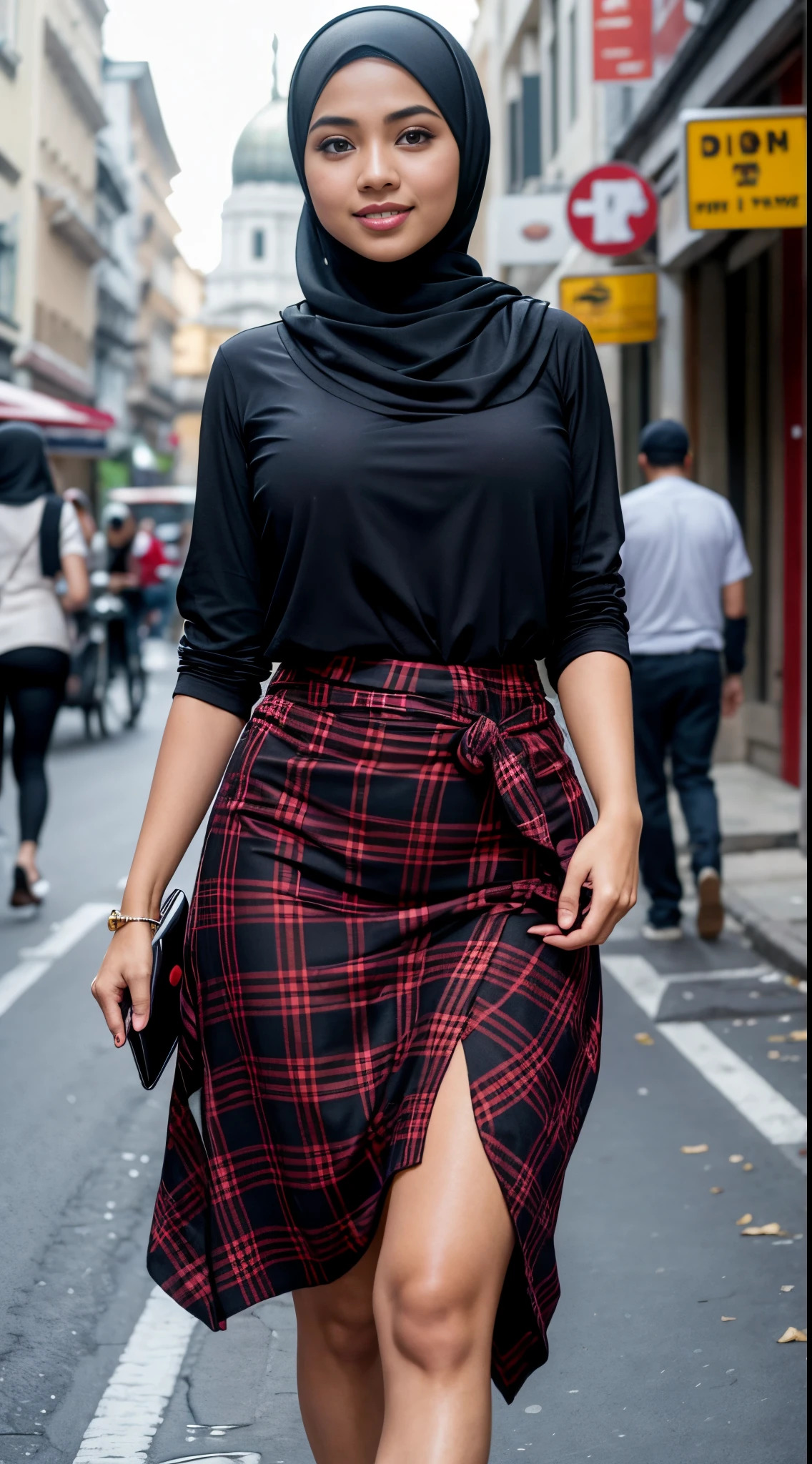 RAW, Best quality, high resolution, masterpiece: 1.3, beautiful Malay woman in hijab,big breast, Close up),beutiful face, perfect body, big gorgeous eyes, smiling,wearing woman in a plaid shirt turkneck and long black skirt walking down a street, hijab, lovely woman, handsome girl, traditional beauty, white hijab, with beautiful exotic, malaysian, very beautiful girl, background blur