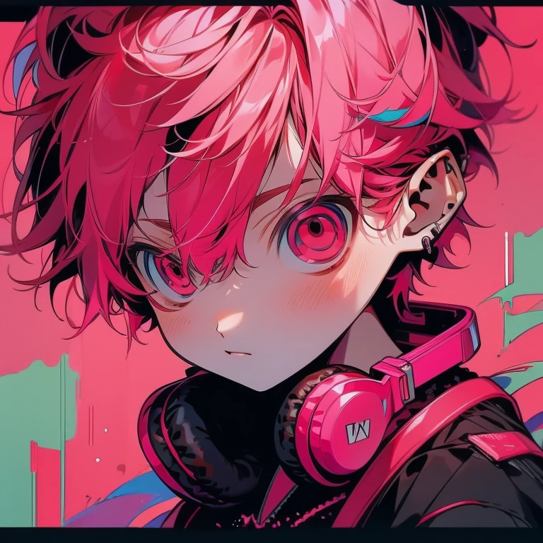 (Two-block hair), (vivid pink hair), (head phone), (male character), (red eyes), (Adults), (frontage)