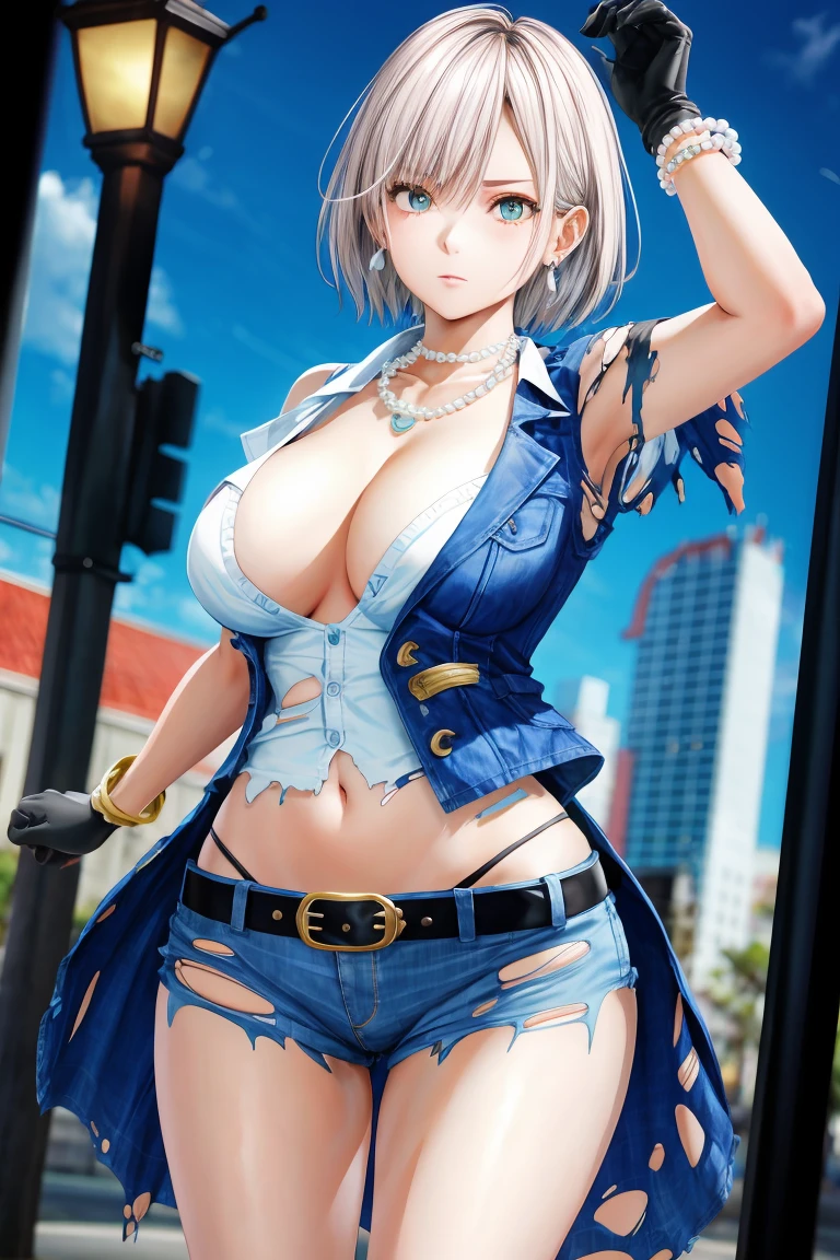 best quality, high definition, and18, 1girl, nagisa, solo, blonde hair, belt, jeans, pearl_necklace, bracelet, black gloves, cleavage, white shirt, short hair, short sleeves, earrings, blue pants, open vest, black vest, big breasts, wide hips, ass, legs apart, city, (torn clothes: 1.5), erotica, standing, expressionless,