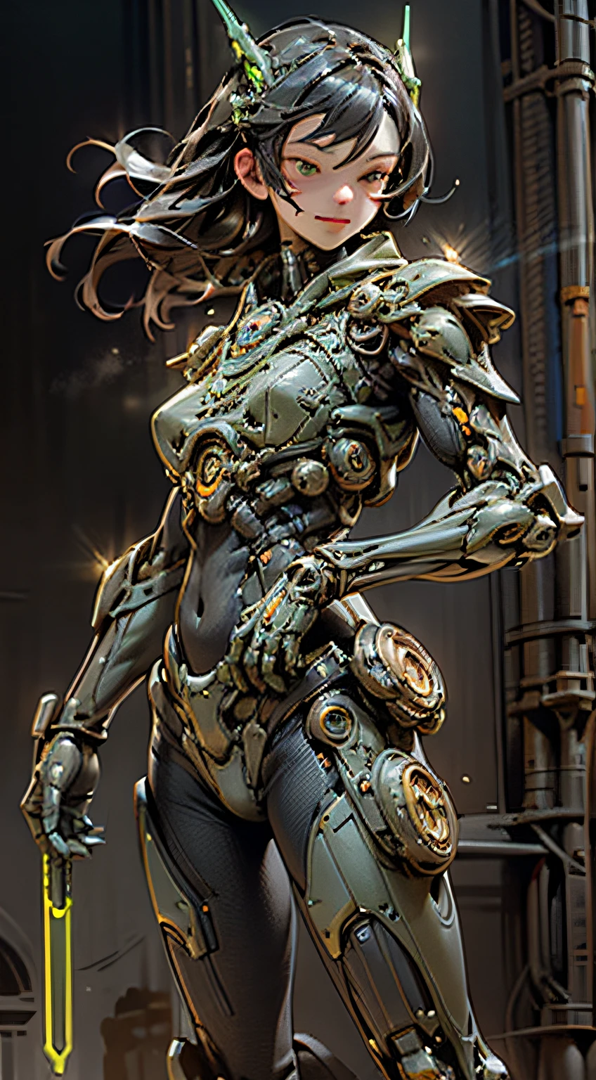 (realistic:1.4), HD. Photorealistic, Cinematic lighting, Biomechanical goddess, dynamic pose, Long, dark hair. Subtle smile. Black and orange, military-style, protective outer plated layers cover most of her body, covering her body's inner mechanisms. Visible inner mechanisms on her body comprise pneumatic pistons, wires, and components, beneath the outer plating. Bright, glowing neon blue and green light emanates from the inner mechanisms. Biomechanical headdress. Holding a pair of futuristic pistols, reflex sights, Possession of weapons. Black background.