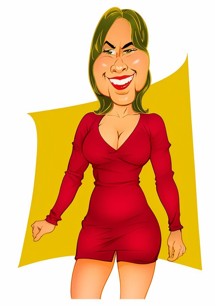 Mulher dos desenhos animados no vestido vermelho com sorriso grande e seios grandes, in cartoon style, estilo caricatura, caricature illustration, retrato dos desenhos animados, arte dos desenhos animados, arte digital dos desenhos animados, caricatural, caricatura!!!, desenho animado de arte digital, Cartoon style illustration, charicatura, terno de corpo vermelho, personagem de desenho animado, Retrato do meio do corpo, imagem dos desenhos animados, caricatura, arte dos desenhos animados