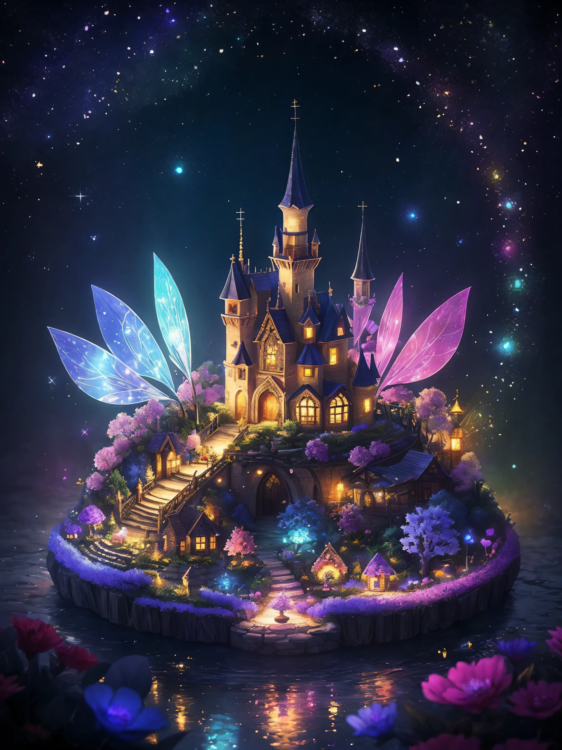 ((Superior quality,UHD,Masterpeice)), little flowers, fairy core aesthetic little fairy village, ink drip, glimmer, bokeh, prism lighting, light particles, magical glow, denoised