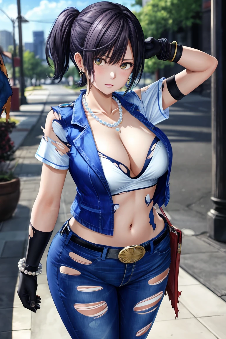 best quality, high definition, and18, 1girl, nagisa, solo, belt, jeans, pearl_necklace, bracelet, black gloves, cleavage, white shirt, short sleeves, earrings, blue pants, open vest, black vest, breasts, wide hips, ass, legs apart, city, (torn clothes: 1.5), erotica, standing, expressionless,
