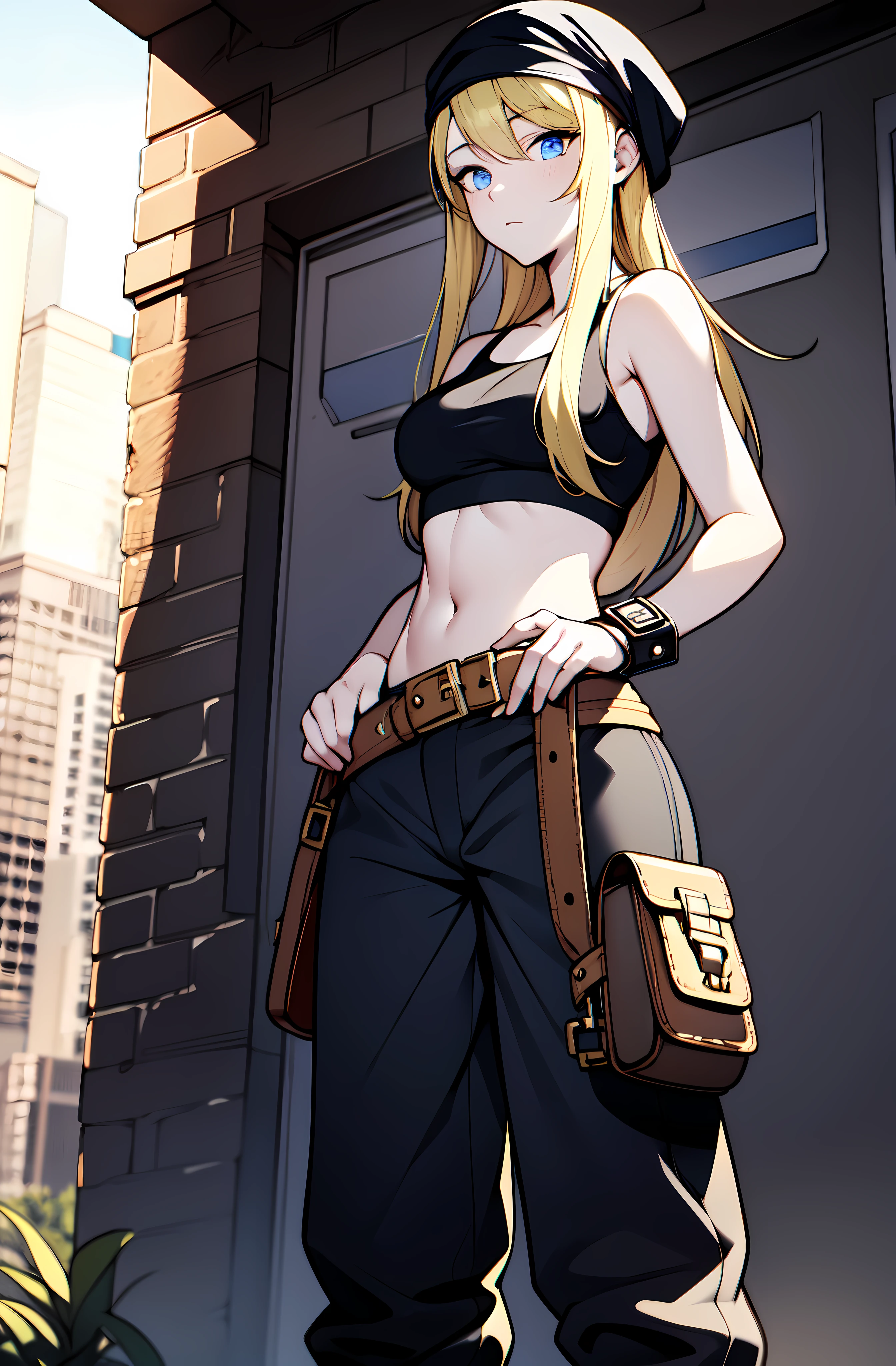 detailed, (masterpiece:1.2), (pale skin:1.2), (solo:1.2), (female), (emphasis lines:1.3), headwrap, blonde, blue_eyes, bare_shoulders, midriff, armbands, bracelets, collarbone, outdoors, (steampunk:1.3), (dirty_skin), day, (baggy_pants:1.3)