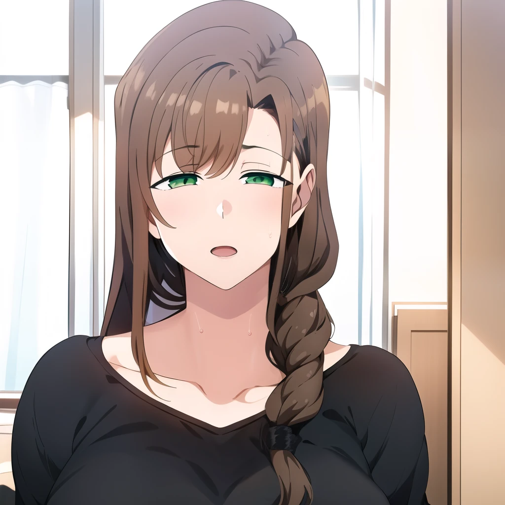 master piece,1girl, solo, hair, looking at viewer, , open mouth, large breasts, brown hair, shirt, green eyes, pupil, collarbone, upper body, braid, sweat, ((((black shirt)))), livingroom, single braid, hair over shoulder