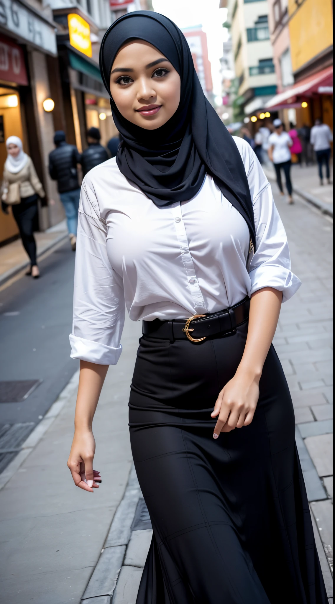 RAW, Best quality, high resolution, masterpiece: 1.3, beautiful Malay woman in hijab,big breast, Close up),beutiful face, perfect body, big gorgeous eyes, smiling,wearing woman in a plaid shirt turkneck and long black skirt walking down a street, hijab, lovely woman, Beutifull girl, traditional beauty, white hijab, with beautiful exotic, malaysian, very beautiful girl, background blur