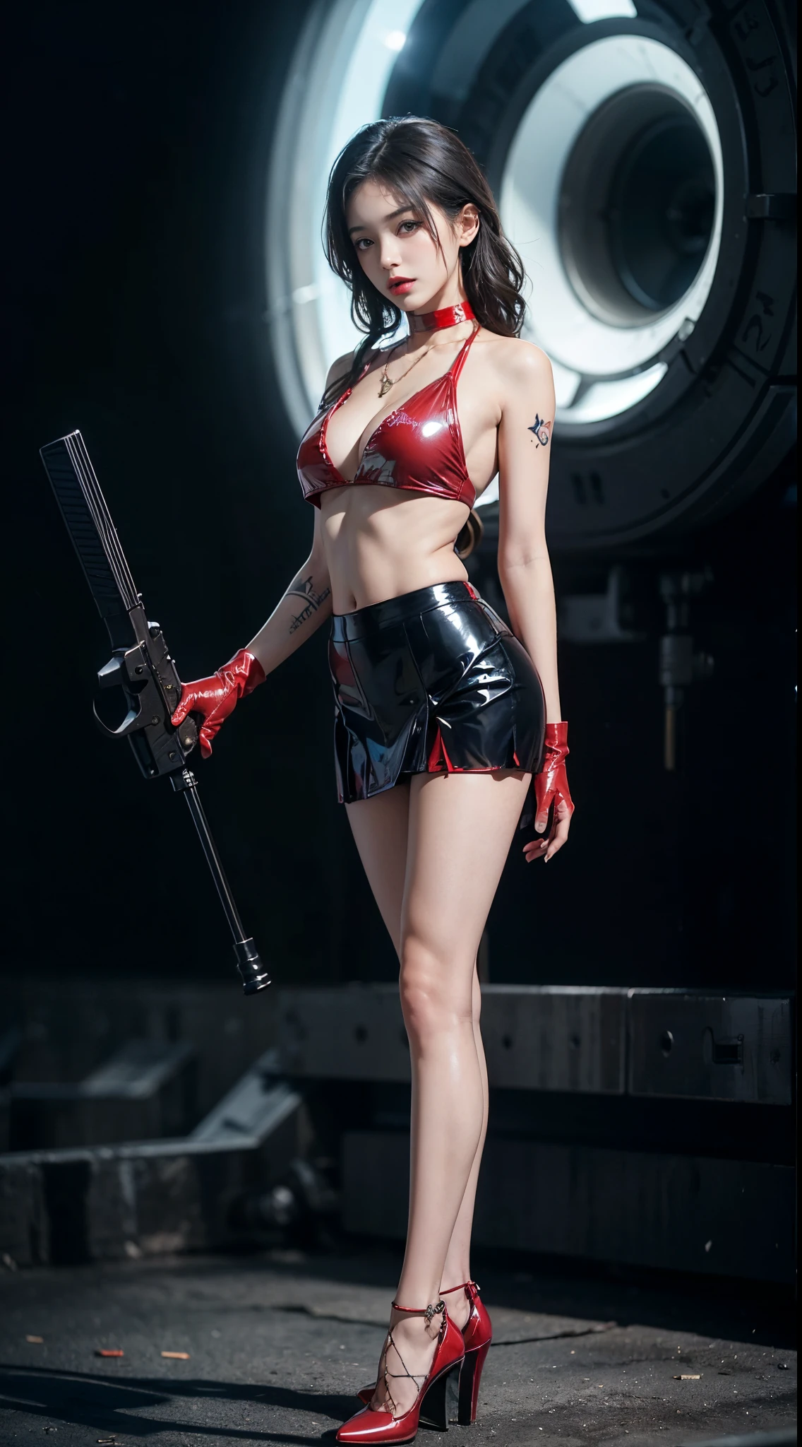 ((masterpiece:1.4)、(top-quality:1.4)、(reallistic:1.7))、masuter piece:1.4、(Top-of-the-line rendering:1.4)、(Female SWAT member of the 73rd Division of the Space Federation:1.4)、Super Beautiful Investigator、(By Luis Royo:1.4)、(hold a gun:1.2)、Body Fit Sexy Uniform、(Glossy luxury latex:1.4)、(Navy blue sleeveless uniform jacket)、(Underwear White Sexy Super Ultra Bikini)、(Luxury Red Latex:1.4)、(Red pleated mini skirt:1.4)、22year old、(Cute tattoos:1.4)、(Wearing white gloves)、Kawaii Girl、Super beauty、foco nítido、Portrait photos、(Perfect female body:1.4)、perfectly proportions、Upper body photography:1.4、美丽的面容、Fearless look、beautidful eyes、Narrow waist、beauty legs、(length hair:1.2)、Beautiful udder、large full breasts:1.2、Sexy ass、(Standing facing the front:1.4)、Raw photo、red-lips、Red high heels:1.4、a choker:1.4、a necklace:1.4、耳环:1.4、1 screen display、Beautiful night view of Cyberpunk City:1.2