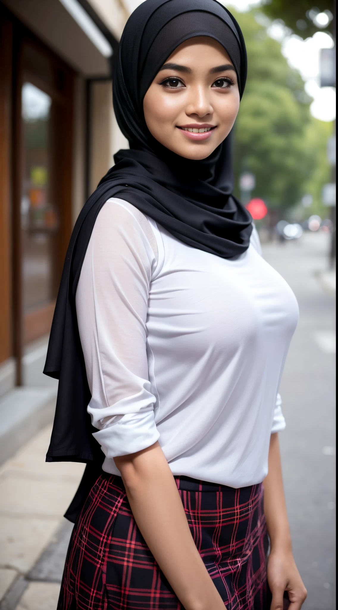 RAW, Best quality, high resolution, masterpiece: 1.3, beautiful Malay woman in hijab,big breast, Close up),beutiful face, perfect body, big gorgeous eyes, smiling,wearing woman in a plaid shirt turkneck and long black skirt walking down a street, hijab, lovely woman, Beutifull girl, traditional beauty, white hijab, with beautiful exotic, malaysian, very beautiful girl, background blur