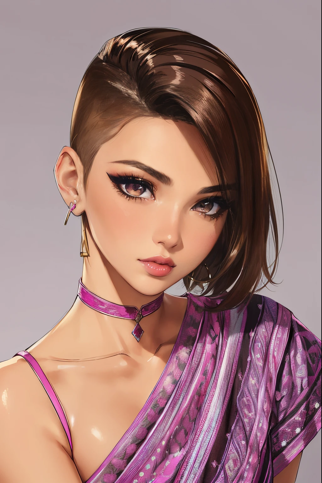 handsome girl, Brown_Beautiful slim 18 year old teenage girl, hair color [Brown highlighted hair], [Podrezka pixi] Hair)), earings, lips, Realistic, Narrow waist, Charming, pink lipstick, Colorful make-up, long eyelashes, earings, Wearing eyeliner, light skin, (Cute), (Detailed Face), A detailed eye, detailed iris