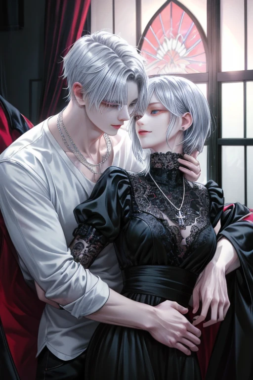 master-piece, 最高品質, 2 Other, Male and female couples, 1 man and 1 person,, mature , Height difference, Different Fashion, Different colors are available, Fine eyes and detailed faces, intricate detailed, casual clothing, Oversized shirt, modern road, Hand on back, smile, Happiness, tenderness, high image quality、 beauty、Tall、Hug from behind..、Try to kiss、windows、dusk、Night scene、romantic、Korean Men, Idol Photos, kpop, professional foto, vampire, Korean fashion in black and white, at Fed Man with Necklace, inspired by Sim Sa-jeong, Vampire androgynous, :9 facial details: 8, Ultra-detailed face, punk hair profile, ((so)) eye bag, seduce. high-detail, Semi-realistic anime, vampire, hyperrealistic , Delicate Gangster Prince, Imwoo, Short hair above the ears.., Men with short hair, Women with long hair, A man with a bright face and a woman with a gentle expression., have short hair, bright silver haired man., Woman with long silver hair
