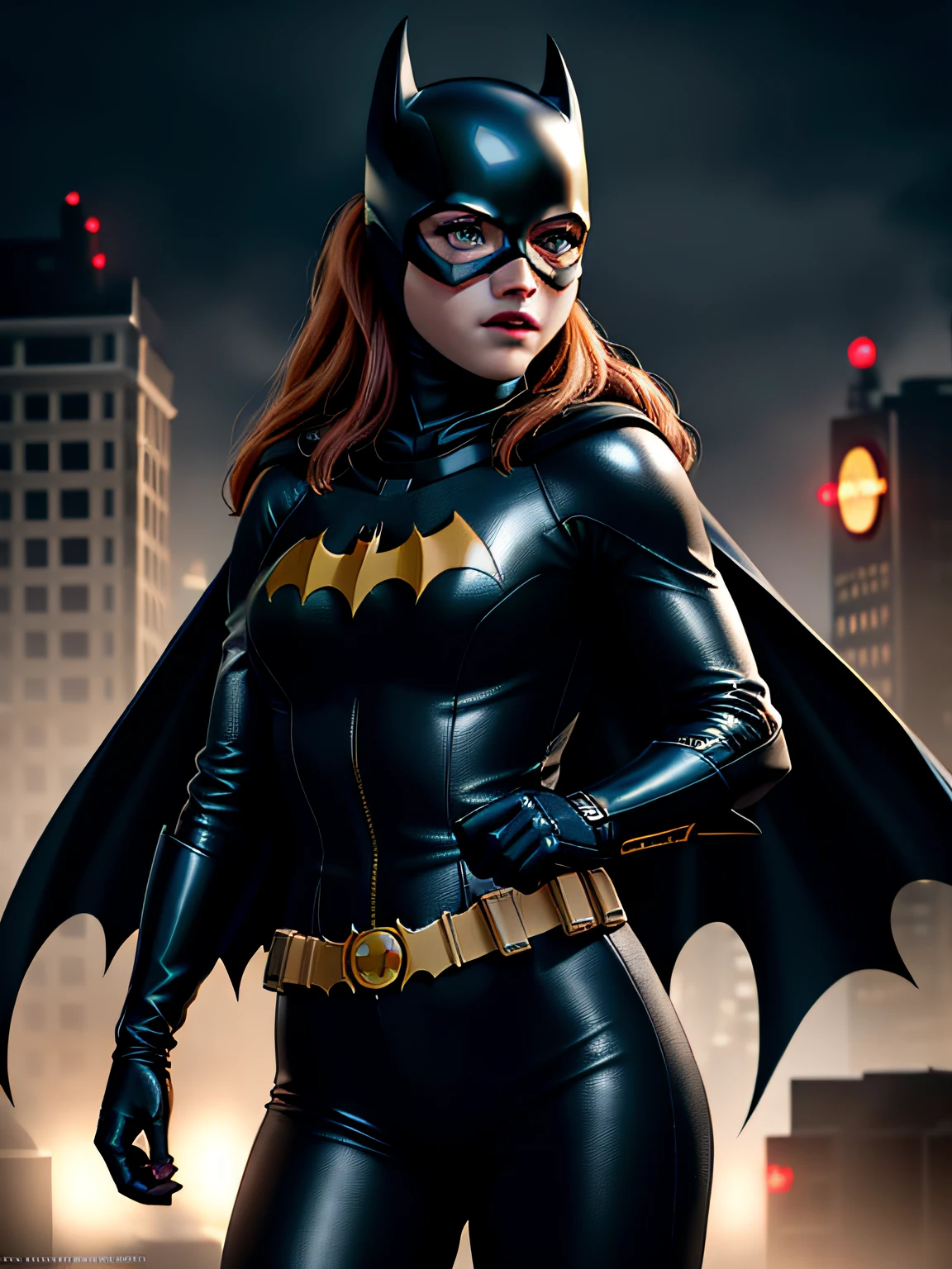 (best quality,4k,8k,highres,masterpiece:1.2),ultra-detailed,(realistic,photorealistic,photo-realistic:1.37),batgirl,batcave,beautiful detailed eyes,dark atmosphere,anime inspired,HD,8K,sharp focus,dynamic pose,black sleek suit,futuristic technology,neon lights,vivid colors,gritty textures,professional,action-packed,moody lighting,nighttime setting,hidden gadgets,high tech equipment,suspenseful feel, Gotham City skyline, bats flying in the background,awesome power, Batgirl's crimson cowl,mask with bat ears,utility belt,highly detailed gloves,cool cape flowing, mysterious aura.