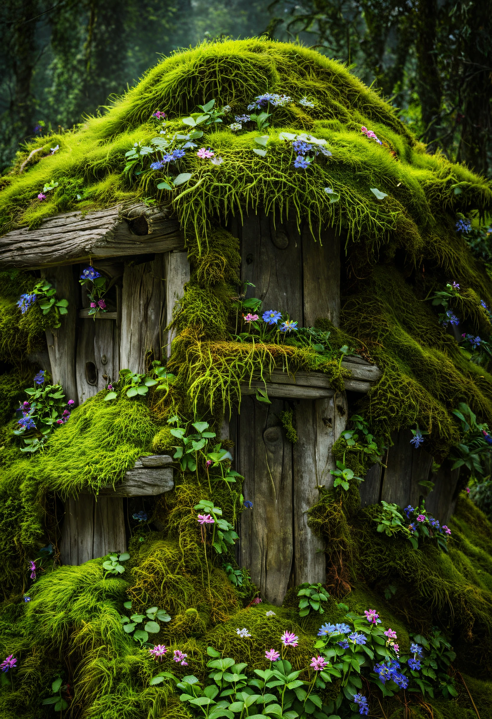Among the dense thickets of a mossy forest hides an amazing fairy-tale village of fairies..., (Fairies) live in this village in magical houses, the view reveals to us (magical life of fairies) (near their houses), (fairies do magical and mundane things), (fairies are clearly visible), a little fog is visible in the corners, fog creeps between the grass, fairies picking flowers), (the village and fairies are described in detail), Extremely detailed, great depth of field, Maximum realism, cinematic treatment, Photorealistic, Beautiful, tmasterpiece, photo of the master