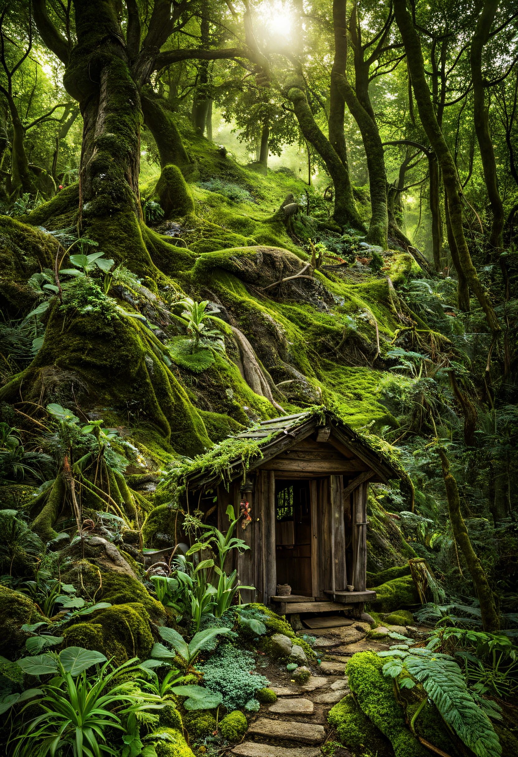 Among the dense thickets of a mossy forest hides an amazing fairy-tale village of fairies..., (Fairies) live in this village in magical houses, the view reveals to us (magical life of fairies) (near their houses), (fairies do magical and mundane things), (fairies are clearly visible), a little fog is visible in the corners, fog creeps between the grass, fairies picking flowers), (the village and fairies are described in detail),  Extremely detailed, great depth of field, Maximum realism, cinematic treatment, Photorealistic,  Beautiful, tmasterpiece, photo of the master