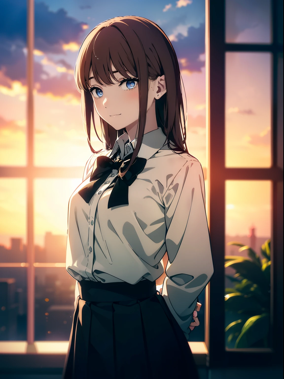 (Obra maestra, La mejor calidad, ultrahigh resolution), 1girl, school uniform, white office shirt, black pleated skirt, light brown hair, long hair cut, pale skin, ((blue eyes)), glowing_eyes, neon eyes, (ultra detailed eyes, beautiful and detailed face, detailed eyes), ((centered)), smile, ((wide shot)), facing viewer, eye level, (blurry background, sunset background), flat chested, looking at viewer, half closed eyes, (perfect hands), (head, arms, hips, elbows, in view), ((tall)), ((hands behind back)), empty eyes
