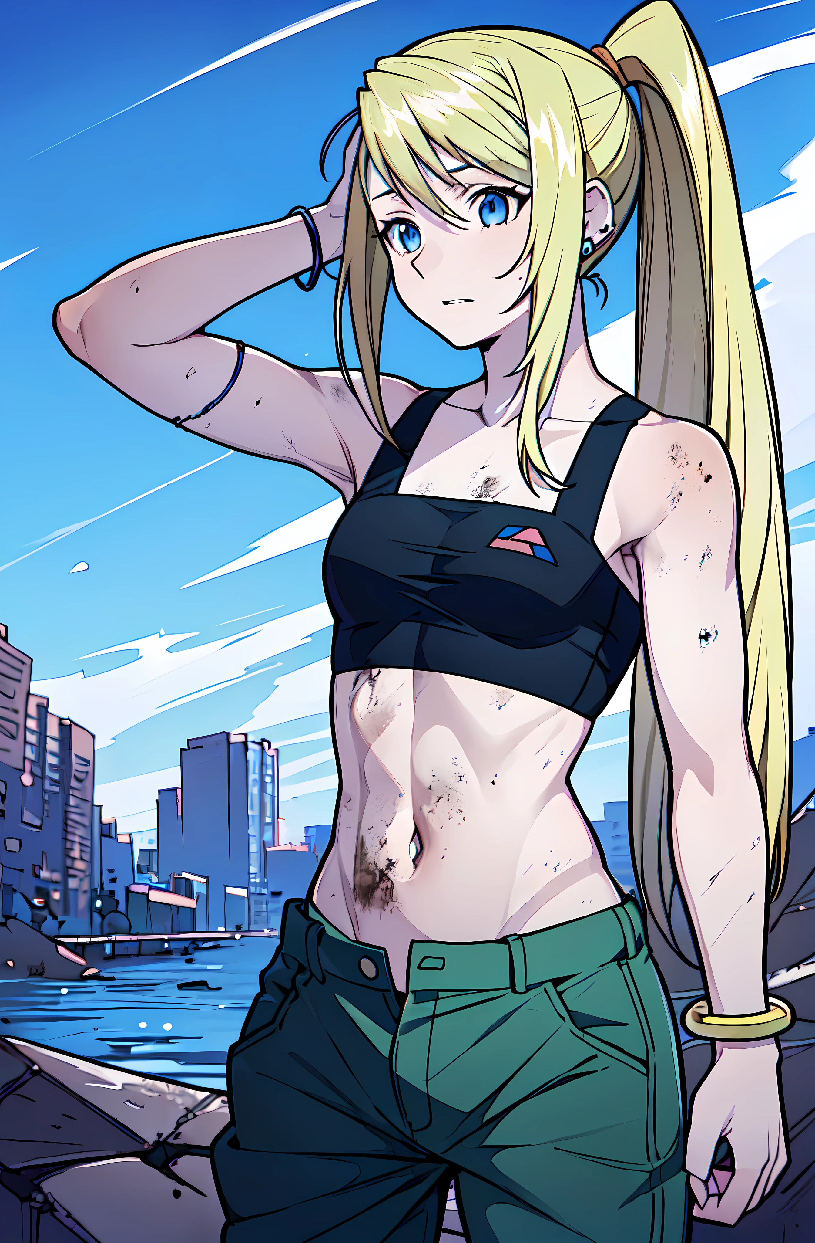 detailed, (masterpiece:1.2), (pale skin:1.2), (solo:1.2), (female), (emphasis lines:1.onytail, blonde, blue_eyes, bare_shoulders, midriff, armbands, bracelets, collarbone, outdoors, (dirty_skin:1.3), day, (baggy_pants:1.3)