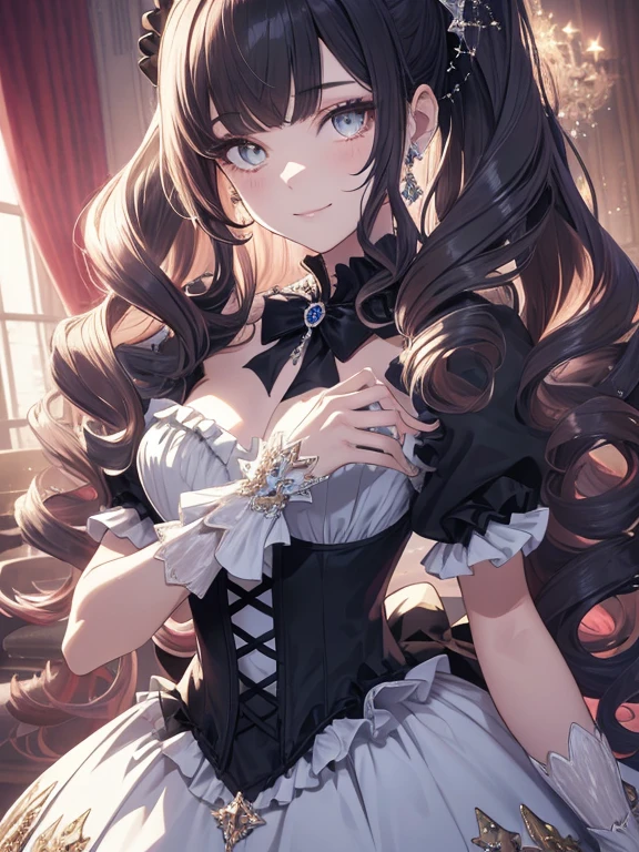 Dramatic composition, court-style dresses, royal, gorgeous, cascading frills, ruffles, bows, crystal chandeliers, Roman curly hairstyles, ponet, double ponytails like drills, look at the camera, bangs, maximalism, palatial background, delicate portrayal of hair and eyes, princess dresses, gorgeous skirts, flowers in hand, smiles, starry eyes, cinematic light, extreme detail, high definition, happy girl, very long hair, diamonds, broken diamonds, crystal fragments, light particles