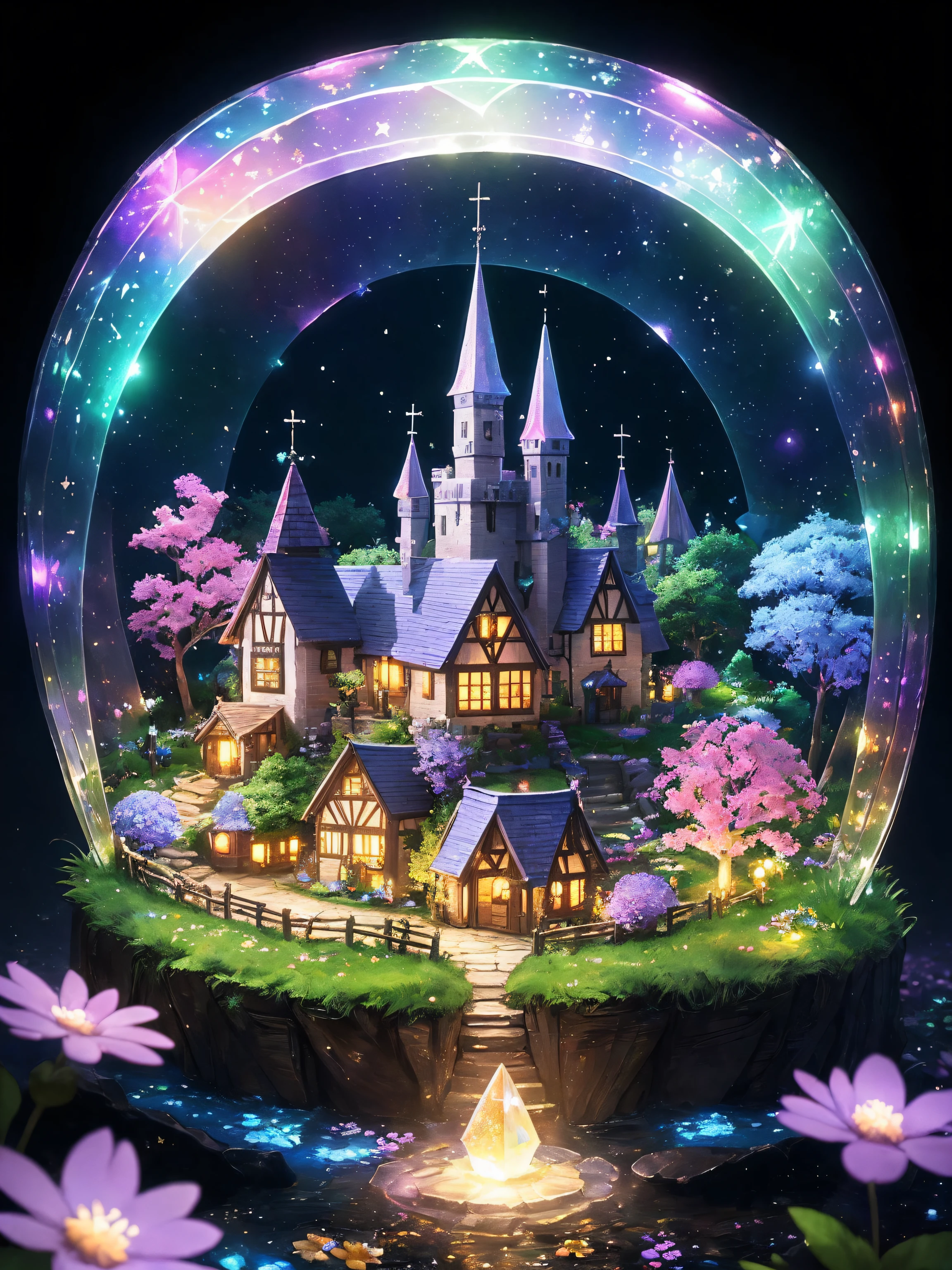 ((Superior quality,UHD,Masterpeice)), little flowers, fairy core aesthetic little fairy village, ink drip, glimmer, bokeh, prism lighting, light particles, magical glow, denoised