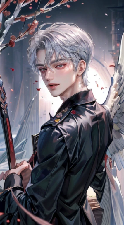 ((4K Portfolio))、master-piece、（最高品質)、((high image quality))、((Beautiful fallen angel from heaven.))、Slim body、((Fashion Black Vampire Y T-Shirt))、(Beautiful detailed eyelack, rose and crow on a wonderful black background..))、Inside the evil castle、((Looks like Jaewon from Ru Seraphim..))、((Short Hair Hair))、(((Bright silver hair)))、((Smaller faces))、((Neutral face))、((Red Eyes))、((Korean Men))、((age is 18 years old))、((forest boy))、((Looks bad))、((Show your teeth and smile..))、((Korean makeup with black eyeshadow))、((The eyes are long and sharp..))、((Shoot alone..))、((Fallen Angels))、Photograph of a fallen angel、villain、dark evidence、((Diagonal shot from the side.))、Fallen Angel pose is a photo taken from a distance, showing the whole person.