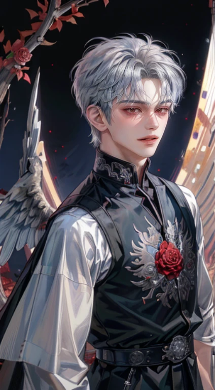 ((4K Portfolio))、master-piece、（最高品質)、((high image quality))、((Beautiful fallen angel from heaven.))、Slim body、((Fashion Black Vampire Y T-Shirt))、(Beautiful detailed eyelack, rose and crow on a wonderful black background..))、Inside the evil castle、((Looks like Jaewon from Ru Seraphim..))、((Short Hair Hair))、(((Bright silver hair)))、((Smaller faces))、((Neutral face))、((Red Eyes))、((Korean Men))、((age is 18 years old))、((forest boy))、((Looks bad))、((Show your teeth and smile..))、((Korean makeup with black eyeshadow))、((The eyes are long and sharp..))、((Shoot alone..))、((Fallen Angels))、Photograph of a fallen angel、villain、dark evidence、((Diagonal shot from the side.))、Fallen Angel pose is a photo taken from a distance, showing the whole person.