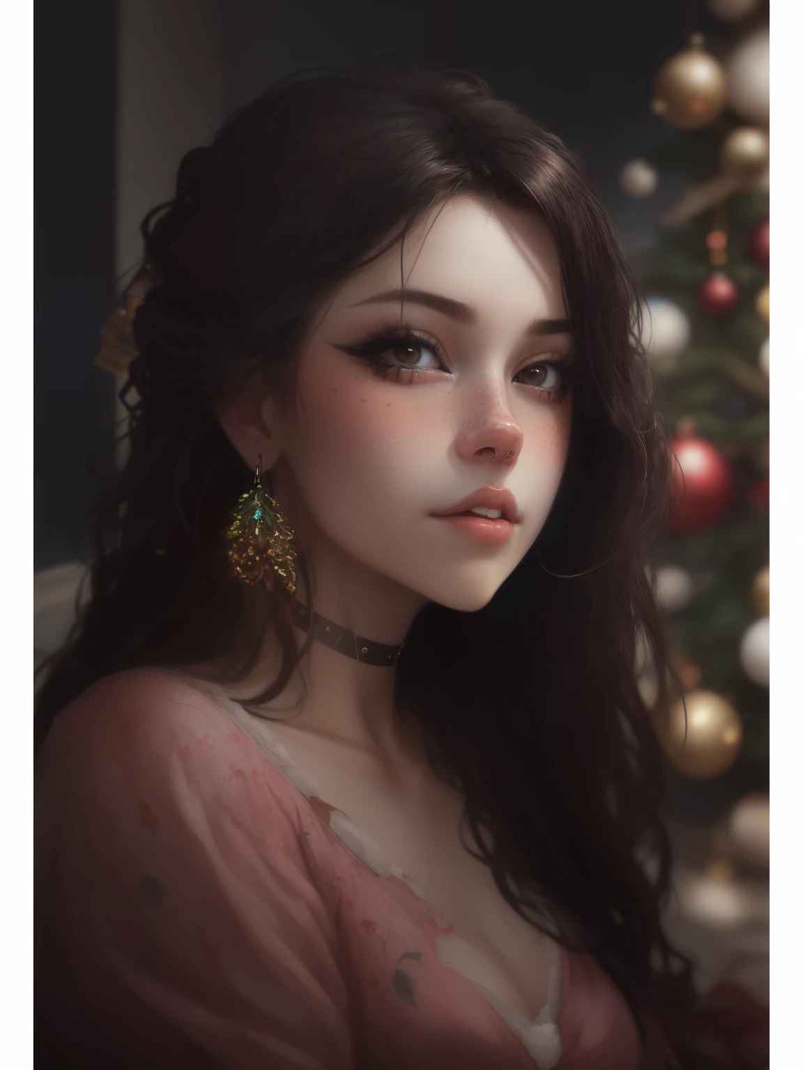 a painting of a woman, sitting in front of the Christmas tree, artgerm portrait, 8K Artgerm Bokeh, realistic picture of cute rocker girl, cute portrait, digital fantasy portrait, gorgeous digital painting, in the art style of bowater, fantasy art portrait, adorable digital painting, beautiful fantasy art portrait, beautiful digital painting