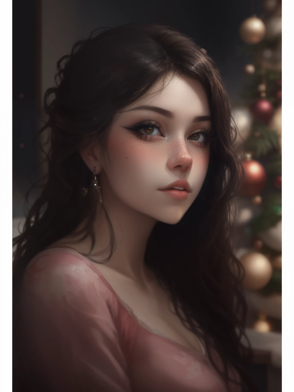 a painting of a woman, sitting in front of the Christmas tree, artgerm portrait, 8K Artgerm Bokeh, realistic picture of cute rocker girl, cute portrait, digital fantasy portrait, gorgeous digital painting, in the art style of bowater, fantasy art portrait, adorable digital painting, beautiful fantasy art portrait, beautiful digital painting