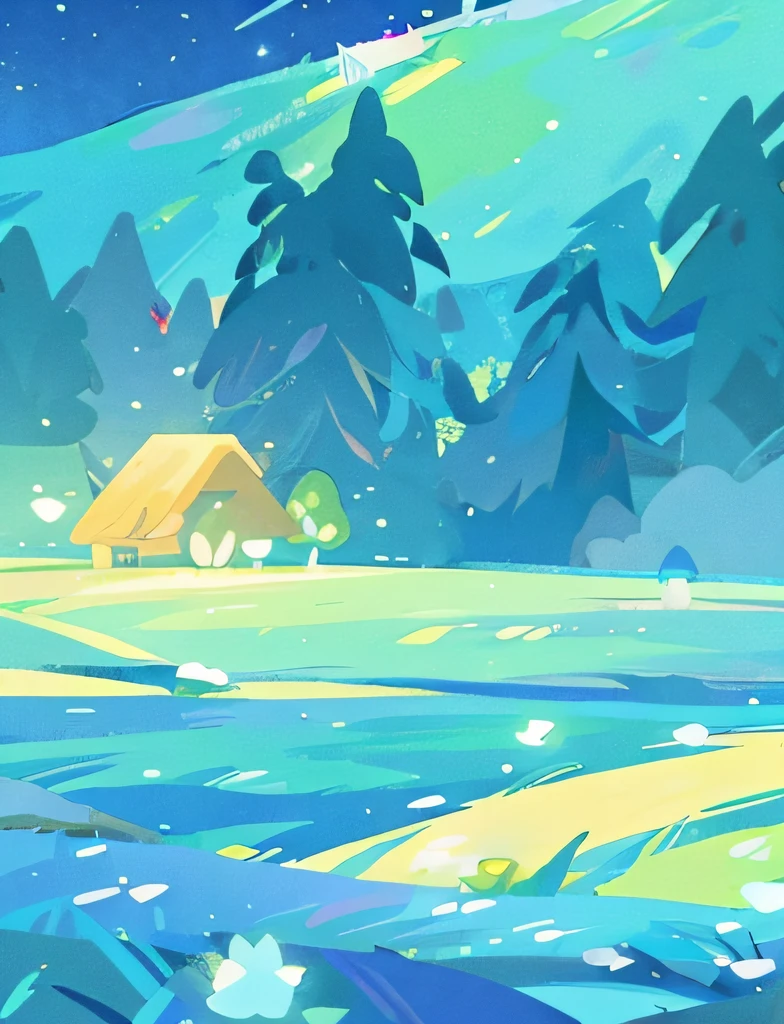 beautiful fantasy landscape, non vibrant colors, (((otherworldly landscape))), whimsical landscape, grassland, river, green whites blues, watercolor illustration, disney art style, glowing lights, beautiful digital illustration, fantasia otherworldly landscape plants flowers, beautiful, masterpiece, best quality, anime disney style, app background, vector art, calming, meditation