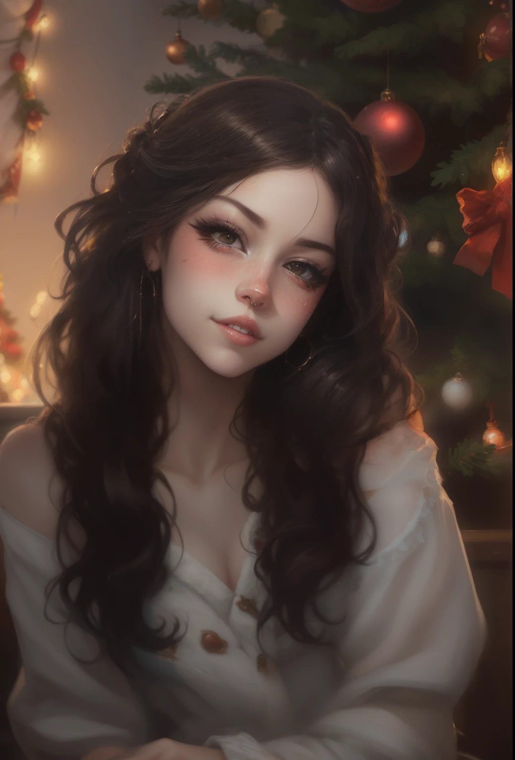 a painting of a woman, sitting in front of the Christmas tree, artgerm portrait, 8K Artgerm Bokeh,  realistic picture of cute rocker girl, cute portrait, digital fantasy portrait, gorgeous digital painting, in the art style of bowater, fantasy art portrait, adorable digital painting, beautiful fantasy art portrait, beautiful digital painting