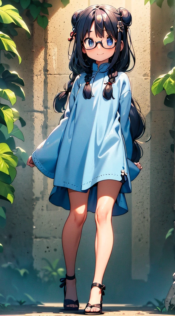 ​masterpiece, top-quality, One lady, in her 20s, (a smile, Face with a grin, Gentle smile), (A dark-haired, Two buns on the sides of the head, With bangs, Gather the back hair into two triple braids), (thick eyebrow, Draw thick eyebrows), (drooing eyes, Blue eyes, Blue eyes), Thicker lips, (Rimless glasses, Small glasses, Women's glasses), Wheat-toned skin, sexy sky-blue China Dress, Standing, (Looking at the camera, Front of camera, Look at viewers, Front attitude, Turn your face to the viewer, whole body facing the viewer).