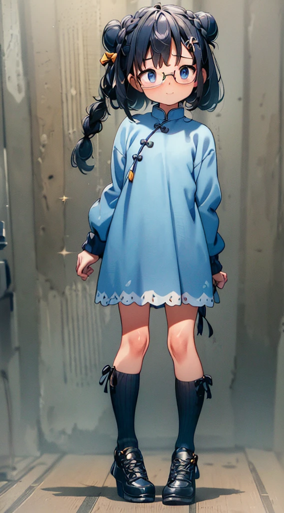 masterpiece, top-quality, One lady, in her 20s, (a smile, Face with a grin, Gentle smile), (A dark-haired, Two buns on the sides of the head, With bangs, Gather the back hair into two triple braids), (thick eyebrow, Draw thick eyebrows), (drooing eyes, Blue eyes, Blue eyes), Thicker lips, (Rimless glasses, Small glasses, Women's glasses), Wheat-toned skin, sexy sky-blue China Dress, Standing, (Looking at the camera, Front of camera, Look at viewers, Front attitude, Turn your face to the viewer, whole body facing the viewer).