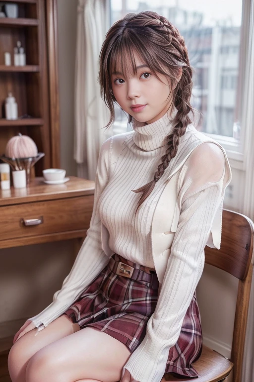 ((8K, RAW Photos, of the highest quality, Masterpieces), high definition RAW color photos professional close-up photos, (Realistic, Photorealism: 1.37), (Highest Quality), (Best of darkest illustrations), 鎖骨)), ((Erotic, Sexy, Ultra High Resolution, high-definition CG unified 8K wallpapers, Physically Based Rendering, Movie Lighting), (aegyo sal:1), 18-year-old girl, (long white turtleneck hand knitted sweater: 1.2), (red plaid pleated skirt: 1.2),( Do not slip the hem of the sweater inside the skirt, Long sleeves: 1.2)), Beauty Salon, Beautiful detail eyes, Light on the Face, ((Full body shot: 1.2)), especially strong light,(Very red cheeks: 1.2),(Shy look:2),Glossy skin,( thick thighs), ulzzang -6500-v1.1:0.2, Shy, (The Flash: 1.2), NSFW, (hairstyle thick braids: 1.2), (puffies, (enchanting posture: 1.2, Attractive: 1.2)), (Idol), ((Sitting in a stylish and atmospheric hairdresser chair)), ((Good anatomy: 1.2)), ((Autumn atmosphere)),