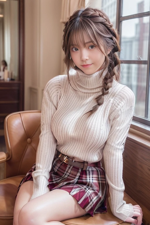((8K, RAW Photos, of the highest quality, Masterpieces), high definition RAW color photos professional close-up photos, (Realistic, Photorealism: 1.37), (Highest Quality), (Best of darkest illustrations), 鎖骨)), ((Erotic, Sexy, Ultra High Resolution, high-definition CG unified 8K wallpapers, Physically Based Rendering, Movie Lighting), (aegyo sal:1), 18-year-old girl, (long white turtleneck hand knitted sweater: 1.2), (red plaid pleated skirt: 1.2),( Do not slip the hem of the sweater inside the skirt, Long sleeves: 1.2)), Beauty Salon, Beautiful detail eyes, Light on the Face, ((Full body shot: 1.2)), especially strong light,(Very red cheeks: 1.2),(Shy look:2),Glossy skin,( thick thighs), ulzzang -6500-v1.1:0.2, Shy, (The Flash: 1.2), NSFW, (hairstyle thick braids: 1.2), (puffies, (enchanting posture: 1.2, Attractive: 1.2)), (Idol), ((Sitting in a stylish and atmospheric hairdresser chair)), ((Good anatomy: 1.2)), ((Autumn atmosphere)),