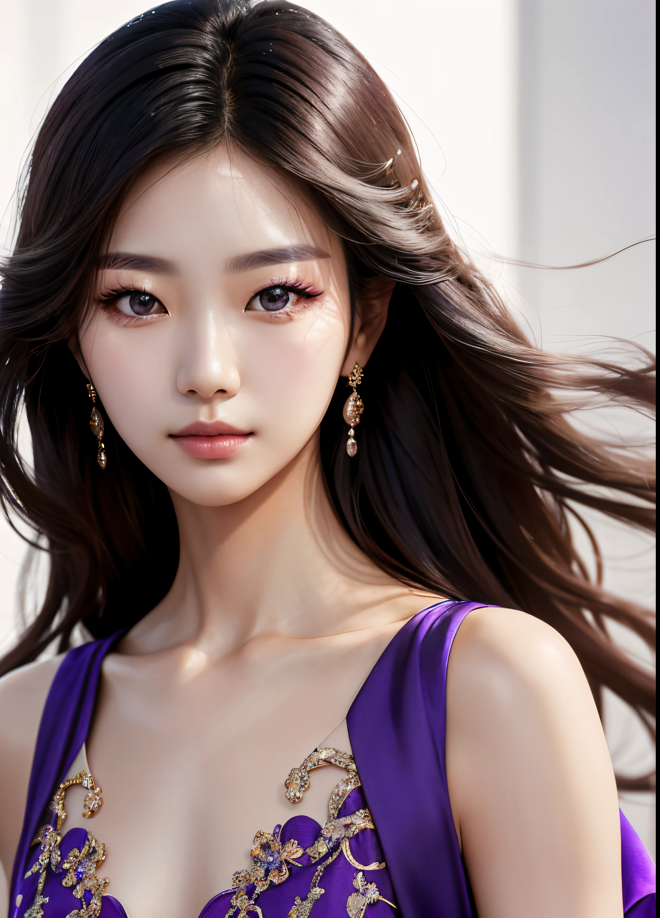 A stunning close up of a South Korean beauty, dressed in a flowing purple gown, striking a pose for the perfect picture.