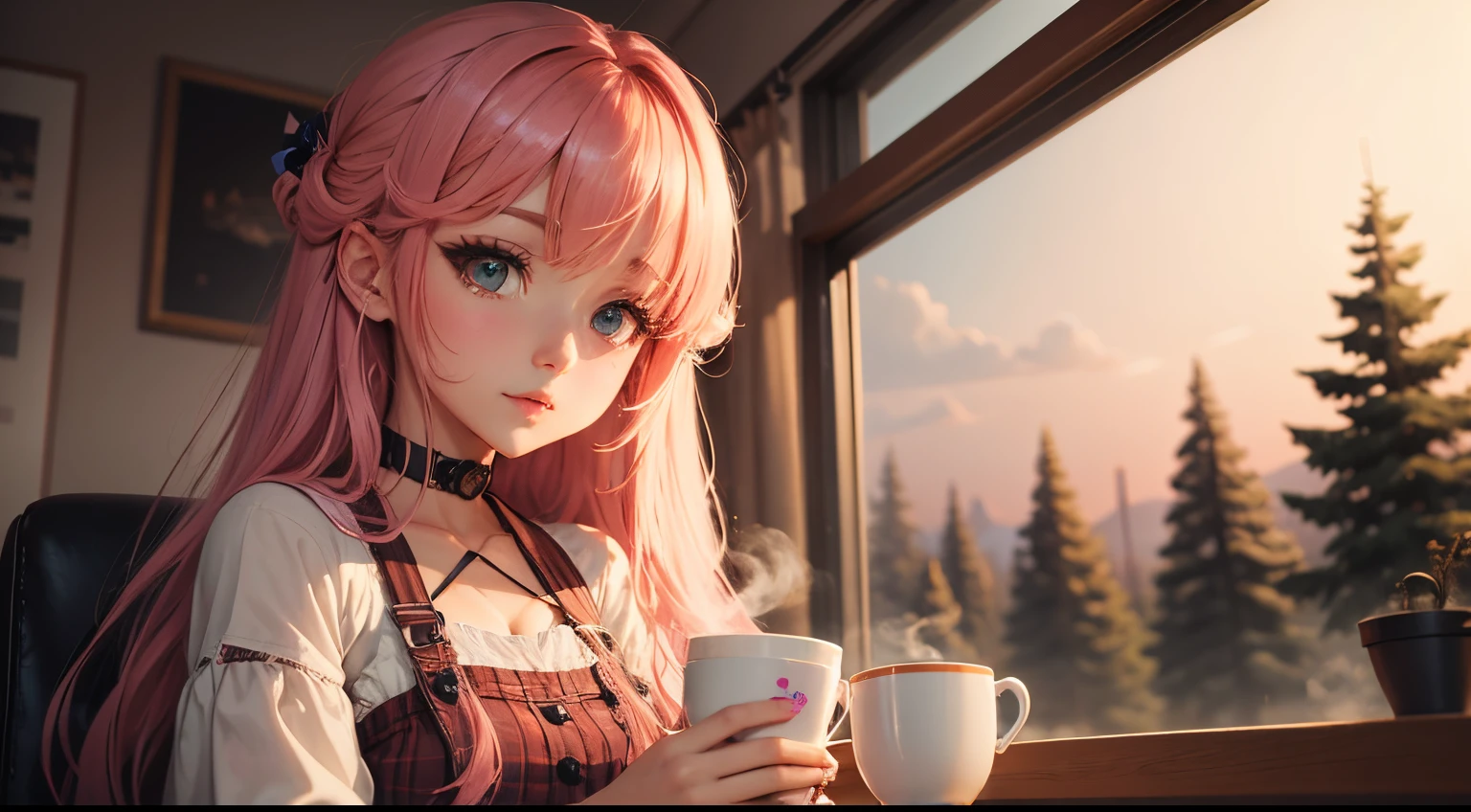 9. "Dreamy Dusk Delight": Anime girl and cup of coffee in a dreamy dusk landscape with warm pinks and oranges.